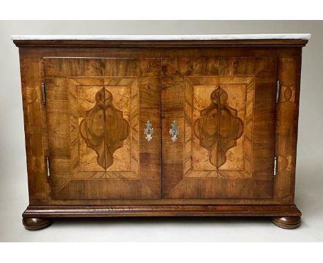 SIDE CABINET, 19th century Italian walnut and satinwood marquetry with two doors, shelf and marble top, 122cm x 43cm x 85cm H