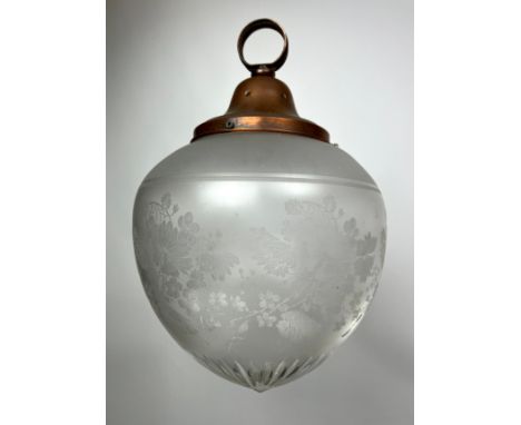 CEILING LANTERN, early 20th century etched glass and copper, approx 50cm H. 
