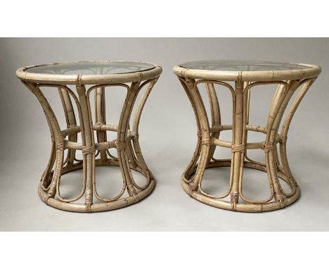 LAMP TABLES, a pair, circular mid 20th century faded rattan and cane bound of waisted form with glass, 42cm x 37cm H. 