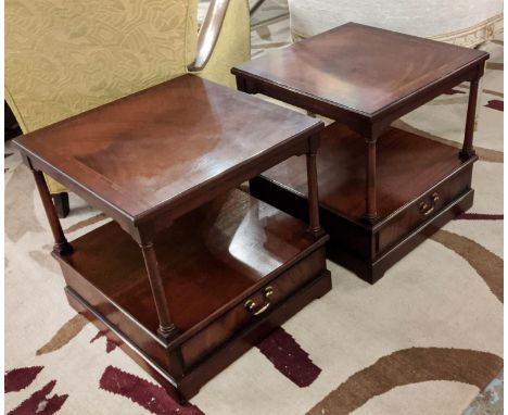 LAMP TABLES, a pair, 50cm sq x 50cm H, mahogany, with single drawers and two tiers. (2) 
