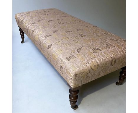 HEARTH STOOL, Regency style rectangular tapestry brocade with turned supports, 145cm x 63cm x 43cm H. 