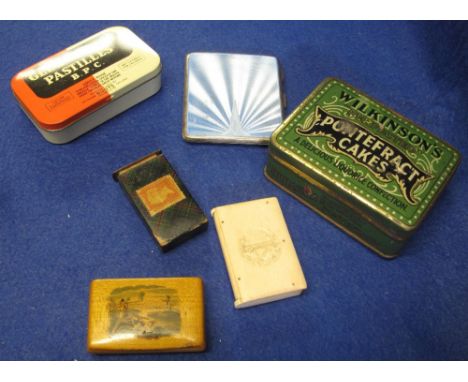 Wooden cigar box containing silver blue guilloche enamel cigarette case, a Mauchline ware wooden snuff box with shooting scen