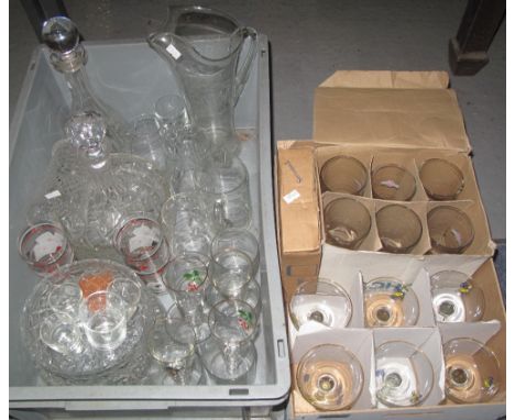 Two trays of assorted glassware to include: various drinking vessels; mallet shaped decanter; fruit bowl; Babycham glasses; M