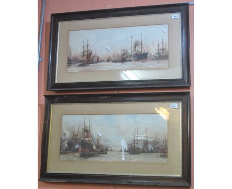 After Charles Dixon, 'The Lower Pool' and 'Above Greenwich', river Thames studies with shipping, coloured prints, a pair.  Fr