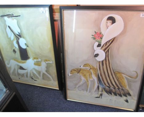 After Dupre, Art Deco style portrait studies of women with dogs, coloured prints, a pair.  Framed. (2)(B.P. 24% incl. VAT)