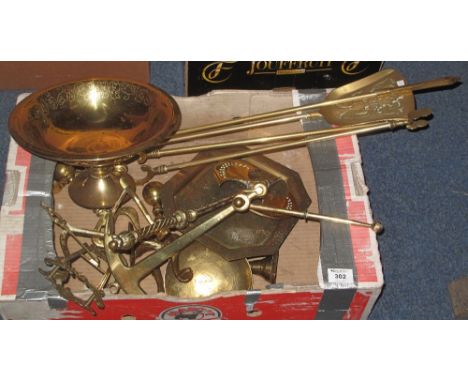 Tray of assorted brassware to include: double headed axe; easel; rococo style picture frame; pair of fire dogs; novelty ancho