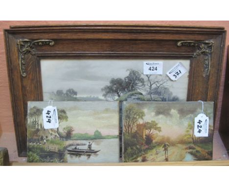 Two pairs of small furnishing pictures, country scenes with figures, a pair of oils on canvas and one pair of framed prints. 