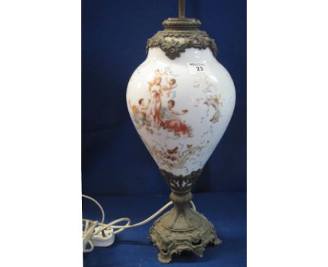 Opaline glass lamp base with printed Classical figure decoration and cast metal mount and base.(B.P. 24% incl. VAT)