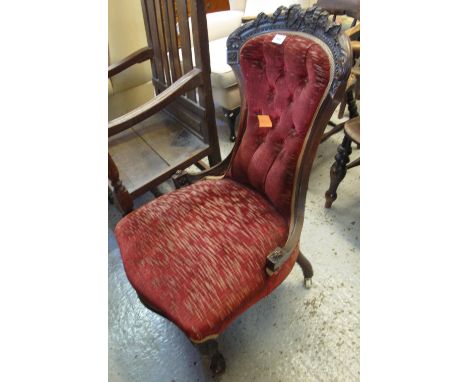 Late Victorian stained, button back, bedroom chair on cabriole legs and ceramic casters.(B.P. 24% incl. VAT)