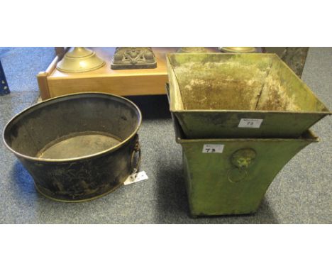 Pair of metal lion mask, square section planters and a chinoiserie decorated, circular, gilded planter. (3)(B.P. 24% incl. VA