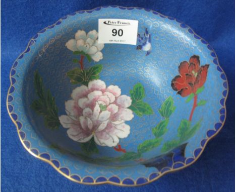 Chinese cloisonne enamel, floral decorated, flared bowl on turned wooden base.(B.P. 24% incl. VAT)
