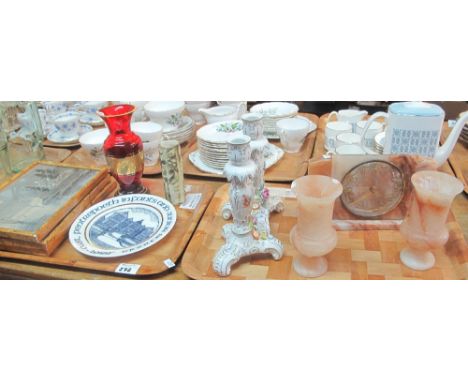 Two trays of assorted items to include: pair of German porcelain relief floral candlesticks; Metamec mantel clock with matchi