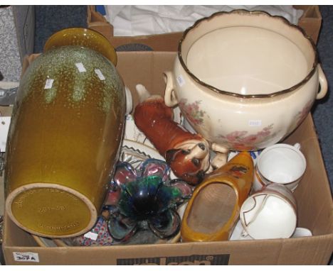 Box of assorted china and glass to include: West German pottery vase; Blakeney Staffordshire floral planter; Melba ware study