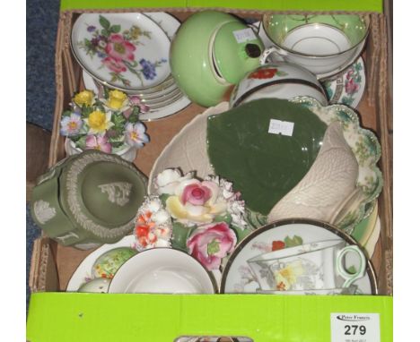 Tray of assorted china to include: Melba bone china floral teaware; bone china 'Floral Bouquets'; Wedgwood Jasper ware trinke