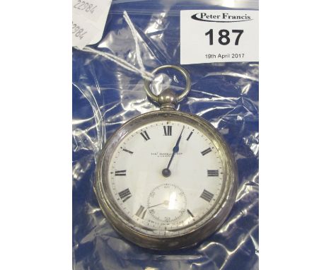 Thomas Russell and Sons of Liverpool silver, open faced, key wind lever pocket watch with Roman white enamel face with second