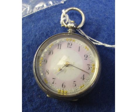 Continental silver open faced, fancy key wind, fob watch with ceramic face.(B.P. 24% incl. VAT)