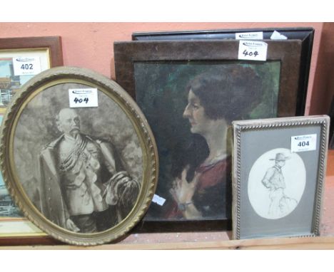British School, (early 20th Century), portrait of a lady, oils on board, together with three other portrait prints. (4)(B.P. 