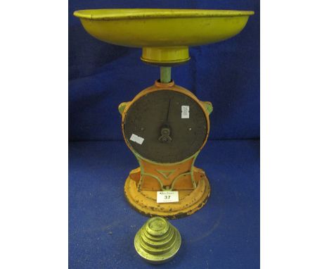 Set of Salters cast metal 'Family Scales' no. 50 with brass face and an assortment of various weights.(B.P. 24% incl. VAT)