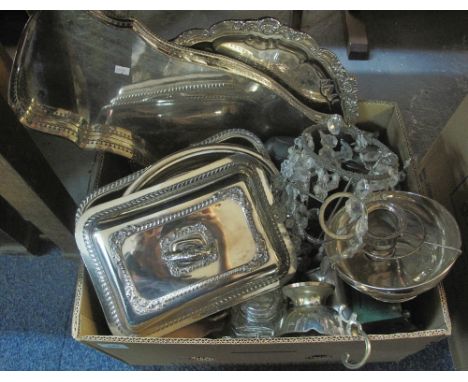 Box of assorted metalware to include: silver plated entree dish and cover; large silver plated salver; silver plated pierced 