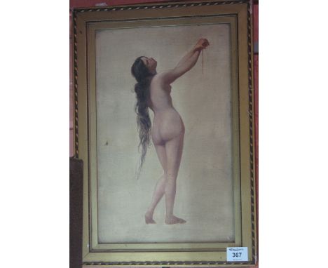 British School, (early 20th Century), full length female nude portrait study, oils on canvas.  Framed.(B.P. 24% incl. VAT)