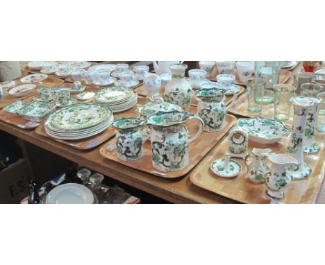 Four trays of Masons Ironstone 'Chartreuse' items to include: candlesticks; pouch shaped dresser jugs; vases; plates; tureen 