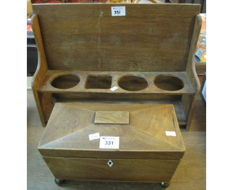 19th Century mahogany sarcophagus two section tea caddy with ivory escutcheon on brass feet, together with an oak four sectio