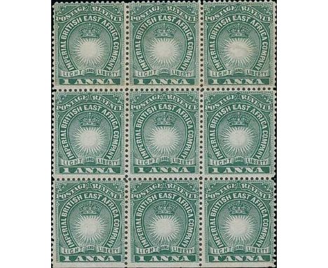1a Blue-green, mint block of nine, the lower central stamp with variety "ANL" for "AND", light crease to lower row, scarce wi