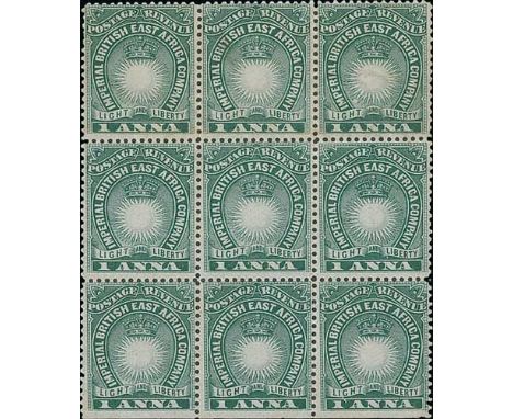 1a Blue-green, mint block of nine, the lower central stamp with variety "ANL" for "AND", light crease to lower row, scarce wi