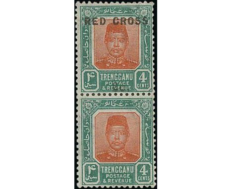 4c + 2c Red-brown and green, vertical pair, lower stamp without surcharge, a very rare variety, fine mint, mounted on the upp