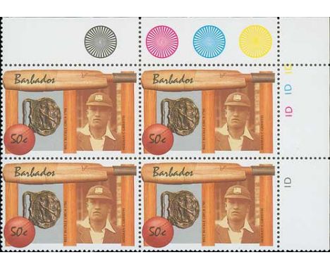 1988 West Indian Cricket 50c with Lawson Bartlett portrait shown in error, upper right marginal block of four, coloured "traf