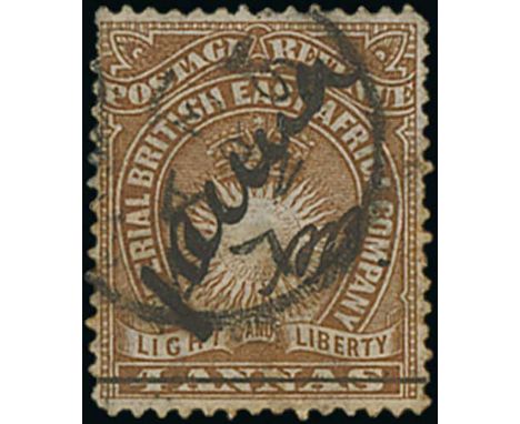 1 Anna on 4a brown, manuscript surcharge with initials "A.B", the distinctive heavy surcharge of Lamu, used with 1891 (Mar. 3