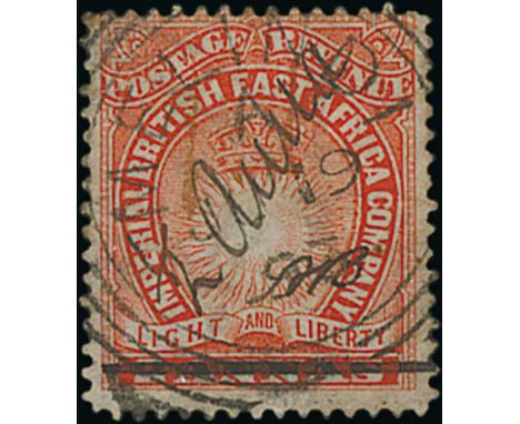 ½ Anna on 2a vermilion, manuscript surcharge with initials "A.B", used with 1893 (June 19) Melindi squared circle, fine and u