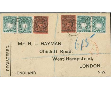 1895 (May 9) Registered cover to H.L Hayman in London bearing two 1890-95 1a pairs and two ½a on 3a manuscript surcharges ini