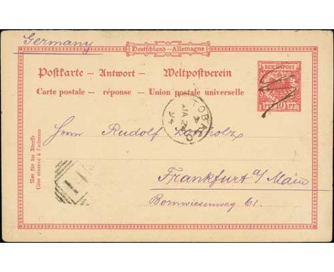 Cancellations/Postal Stationery. 1894 (Jan. 24) Germany 10pf reply card, reply half commercially used from Tobago to Germany,