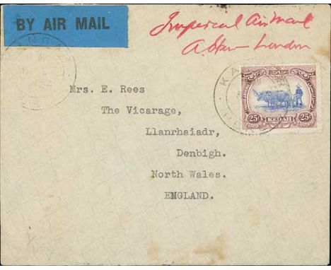 Kangar. 1934 (Dec. 8) Cover to England endorsed "Imperial airmail Alor Star - London", franked 1932 25c and bearing a blue "B