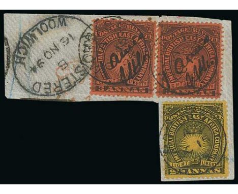 1894 (Oct. 15) Piece bearing 1890-95 2½a and two examples of the 1 Anna on 3a black on red manuscript surcharge with initials