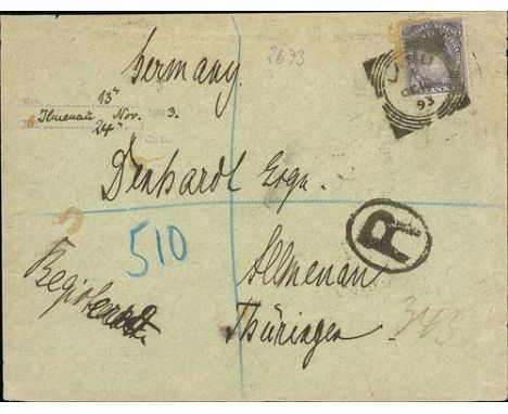 1893 (Oct. 16) Registered cover to Germany bearing 4½a dull violet (small corner fault) tied by Lamu squared circle with oval