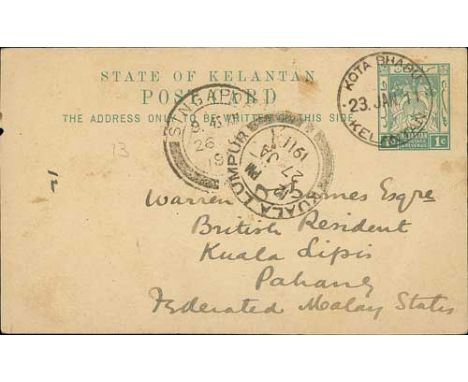 1911 (Jan. 23) 1c Postcard with fine Kota Bharu single ring c.d.s, addressed to the British Resident at Kuala Lipis, with Sin
