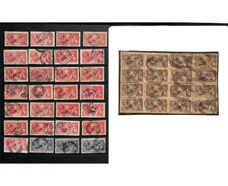 1918-19 Bradbury Wilkinson 2/6 (25), 5/- (25) and 10/- (3) used, piece bearing sixteen 2/6 stamps, and a large piece from a p