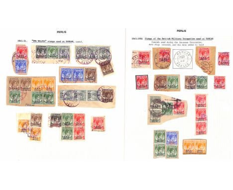 Kangar. 1945-47 BMA Stamps on pieces (17, bearing 50 stamps), and single stamps (5), all cancelled by the Kangar Japanese Occ