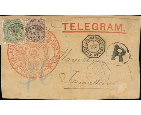 1890 (Oct. 2) The Eastern Telegraph Co. Ltd printed telegram envelope registered to Tamatave, franked 1a + 4a each tied by "Z
