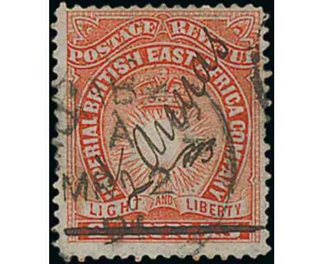 ½ Anna on 2a vermilion, manuscript surcharge with initials "A.B", variety "annas", used with 1891 (Mar. 2) Mombasa c.d.s, fin