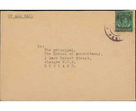 Kangar. c.1946 Air Mail cover to England franked B.M.A 50c cancelled by the Kangar Japanese Occupation type datestamp (Proud 