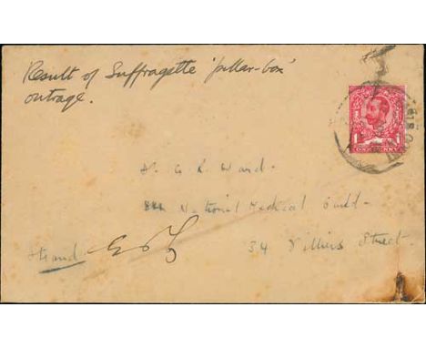Suffragettes. 1913 (Apr. 17) Cover posted in London franked 1d, from Earls Court to Villiers Street, Strand, a little oil or 