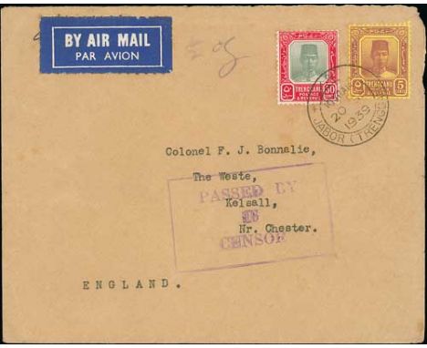 Jabor. 1939 (Sep. 20) Air Mail cover to England franked 1921-41 5c + 50c cancelled by Jabor double ring c.d.s (Proud D2), vio