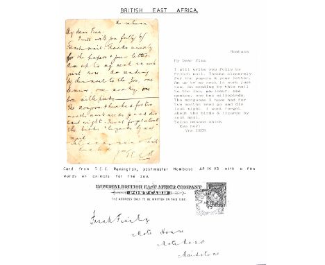 1893 (Apr. 19) 1a Postcard to Frank Finn in Maidstone, written by the Mombasa Postmaster T.E.C. Remington and signed "T.E.C.R