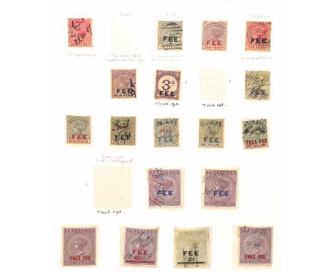 Fee Stamps. 1887-96 "Fee" (16) and "Free Fee" (5) overprints including 1887 1d Fee and Free error (the "R" deleted in ink, cr