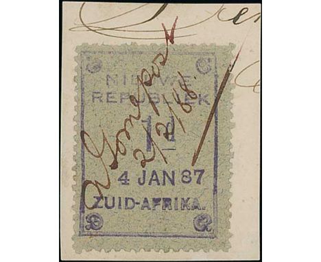 New Republic. 1886-87 Stamps including 1d dated 4 JAN 87 on blue granite paper without arms tied to piece by rare "Ngomepost 