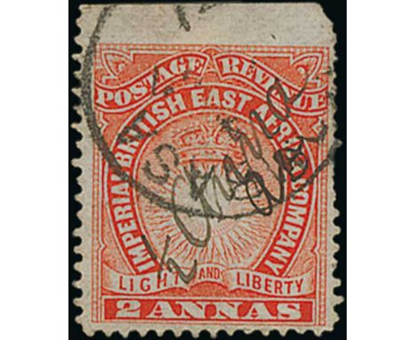 ½ Anna on 2a vermilion, manuscript surcharge with initials "A.D", original value not obliterated, upper marginal single used 