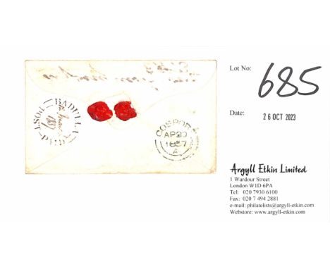 1857 (Mar. 12) Cover to England endorsed "Paid via Southampton" with red manuscript "6", backstamped superb circular "BADULLA